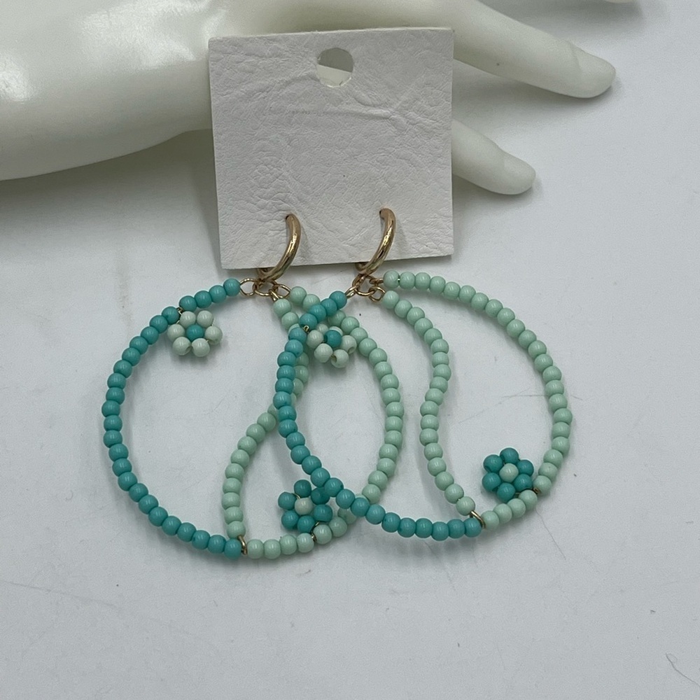 Free People NWT Among The Wildflowers Yin Yang Hoop Earrings, teal & green beads